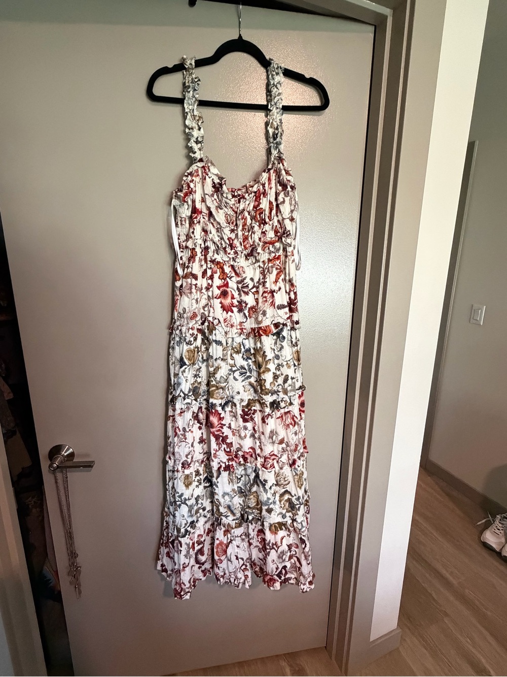 NWOT Anthropologie Cream Floral Smocked Maxi Dress with Red & Olive Accents